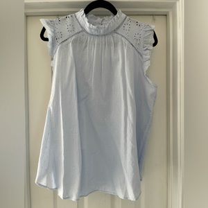 NWT LOFT sleeveless cotton blouse, Swiss dot, floral embroidery, ruffle trim